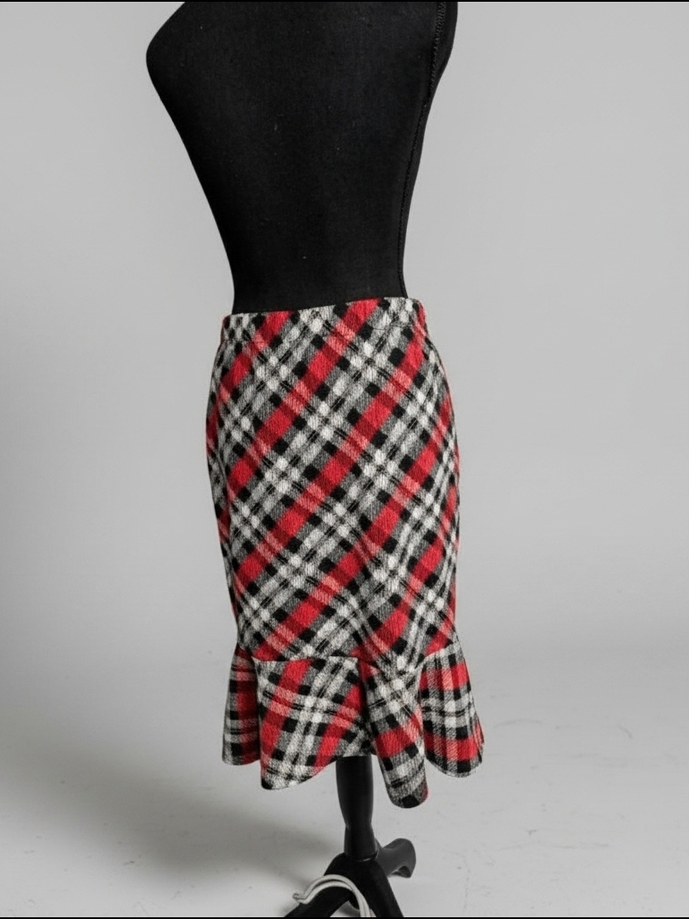 Red Plaid Pencil Skirt with Ruffle Hem